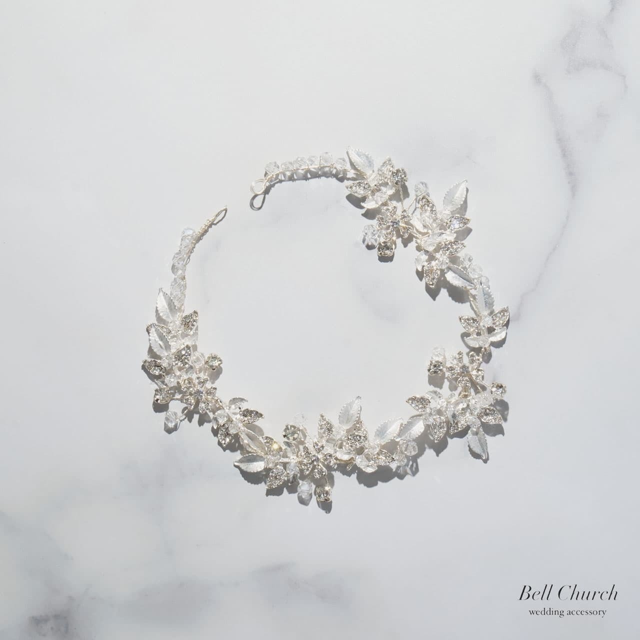 ヘッドドレス｜ジルコニア ビジュー｜リーフ 葉っぱモチーフ｜お花 フラワーモチーフ｜シルバー (BC-H80)【結婚式　アクセサリー　ヘッドドレス　ヘアアクセサリー】