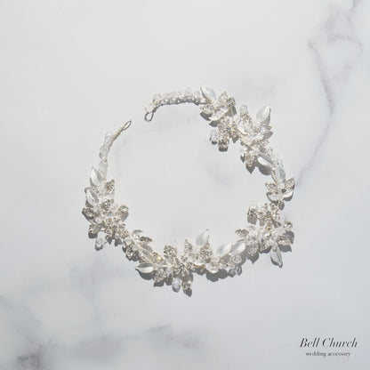ヘッドドレス｜ジルコニア ビジュー｜リーフ 葉っぱモチーフ｜お花 フラワーモチーフ｜シルバー (BC-H80)【結婚式　アクセサリー　ヘッドドレス　ヘアアクセサリー】