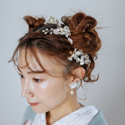 ヘッドピース 3点セット｜ビジュー パール ビーズ｜フラワー お花モチーフ｜リーフ 葉っぱモチーフ｜シルバー(BC-H82)【結婚式　アクセサリー　ヘッドピース　ヘアアクセサリー】