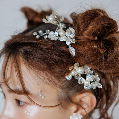 ヘッドピース 3点セット｜ビジュー パール ビーズ｜フラワー お花モチーフ｜リーフ 葉っぱモチーフ｜シルバー(BC-H82)【結婚式　アクセサリー　ヘッドピース　ヘアアクセサリー】