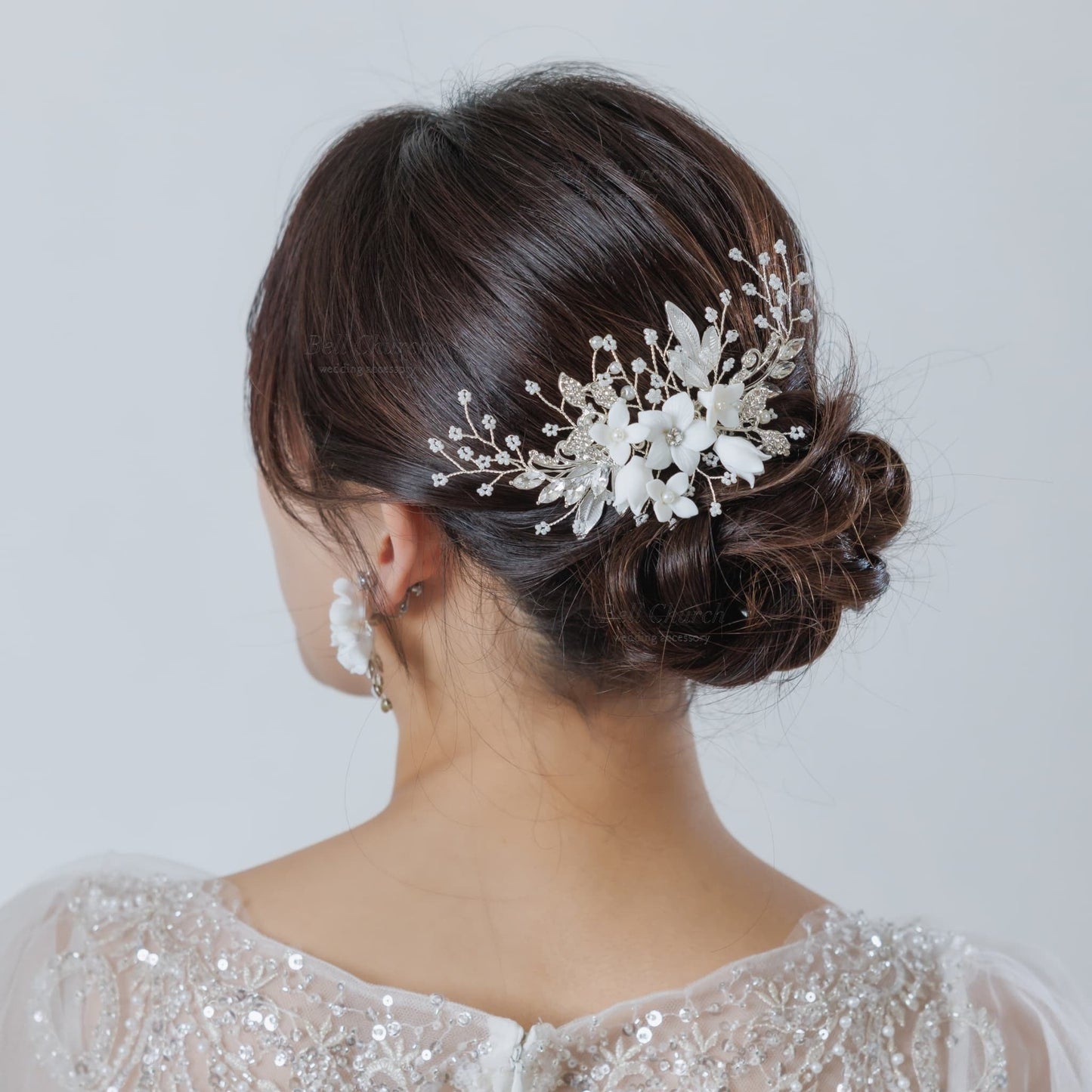 ブライダル ヘアコーム｜ビーズ ジルコニア パール ｜フラワー お花モチーフ｜リーフ 葉っぱモチーフ｜シルバー×ホワイト(BC-H83)【結婚式　アクセサリー　ヘッドドレス　ヘアアクセサリー】
