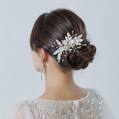 ウエディング ヘアコーム｜ラインストーン ビーズ ビジュー｜フラワー お花モチーフ｜リーフ 葉っぱモチーフ｜シルバー(BC-H85)【結婚式　アクセサリー　ヘッドドレス　ヘアアクセサリー】