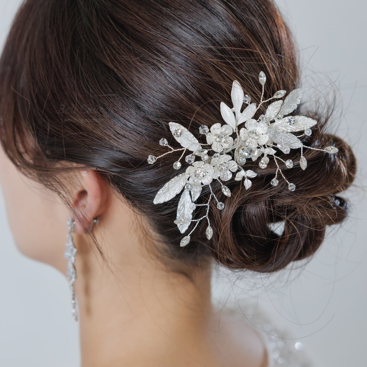ウエディング ヘアコーム｜ラインストーン ビーズ ビジュー｜フラワー お花モチーフ｜リーフ 葉っぱモチーフ｜シルバー(BC-H85)【結婚式　アクセサリー　ヘッドドレス　ヘアアクセサリー】
