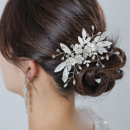ウエディング ヘアコーム｜ラインストーン ビーズ ビジュー｜フラワー お花モチーフ｜リーフ 葉っぱモチーフ｜シルバー(BC-H85)【結婚式　アクセサリー　ヘッドドレス　ヘアアクセサリー】