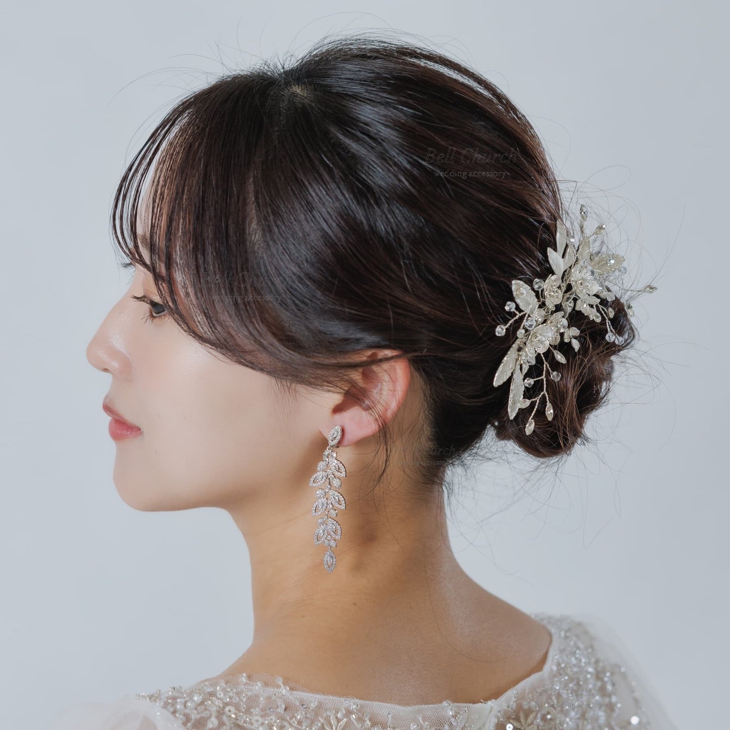 ウエディング ヘアコーム｜ラインストーン ビーズ ビジュー｜フラワー お花モチーフ｜リーフ 葉っぱモチーフ｜シルバー(BC-H85)【結婚式　アクセサリー　ヘッドドレス　ヘアアクセサリー】