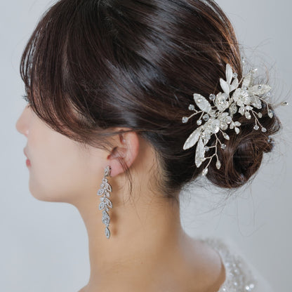 ウエディング ヘアコーム｜ラインストーン ビーズ ビジュー｜フラワー お花モチーフ｜リーフ 葉っぱモチーフ｜シルバー(BC-H85)【結婚式　アクセサリー　ヘッドドレス　ヘアアクセサリー】