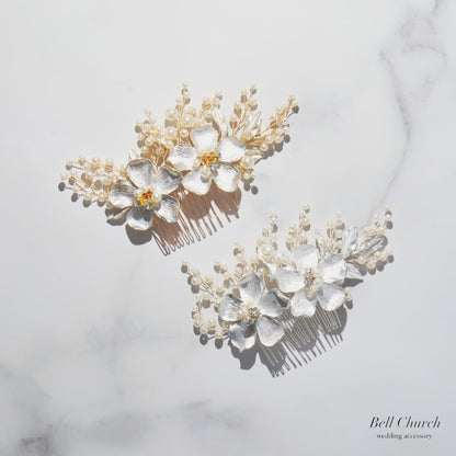 ウエディング ヘアコーム｜パール ビジュー｜お花 フラワーモチーフ｜葉っぱ リーフモチーフ｜シルバー(BC-H88)【結婚式　アクセサリー　ヘッドドレス　ヘアアクセサリー】