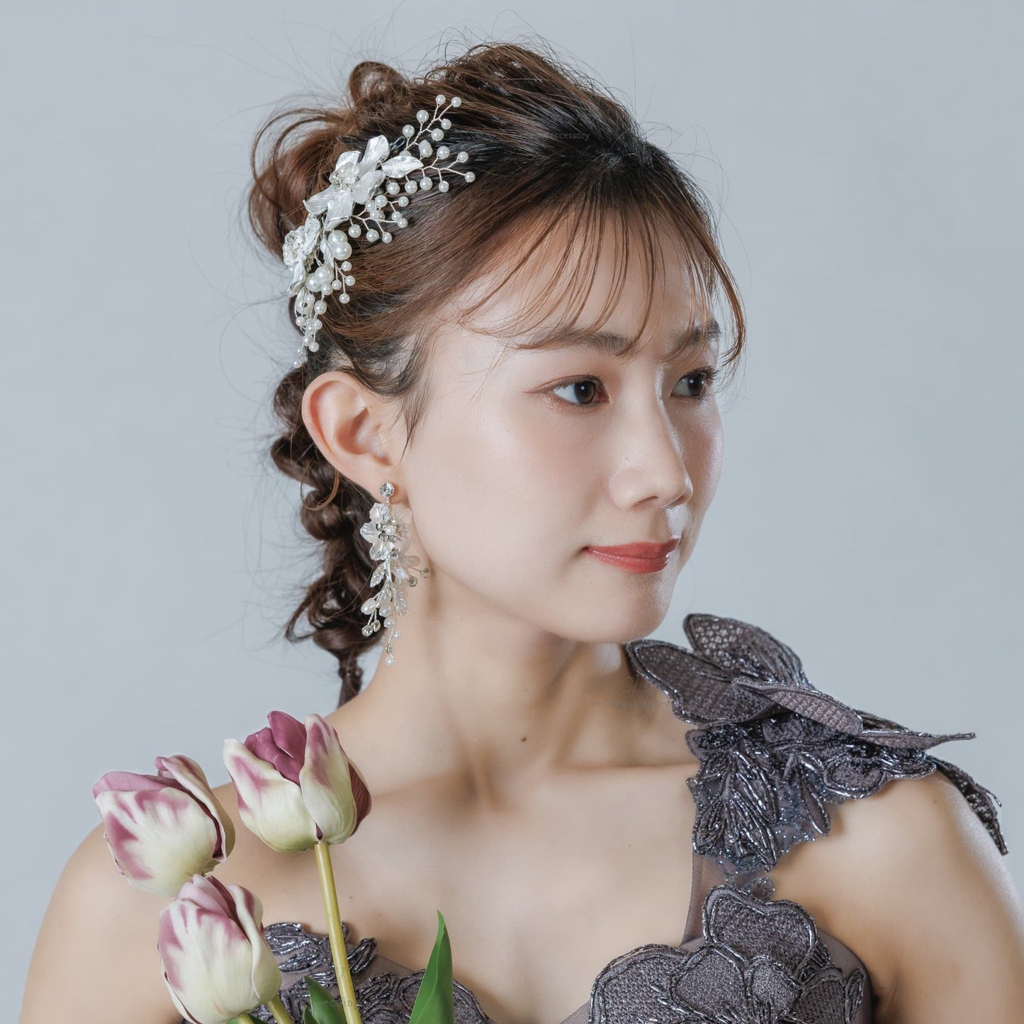 ウエディング ヘアコーム｜パール ビジュー｜お花 フラワーモチーフ｜葉っぱ リーフモチーフ｜シルバー(BC-H88)【結婚式　アクセサリー　ヘッドドレス　ヘアアクセサリー】