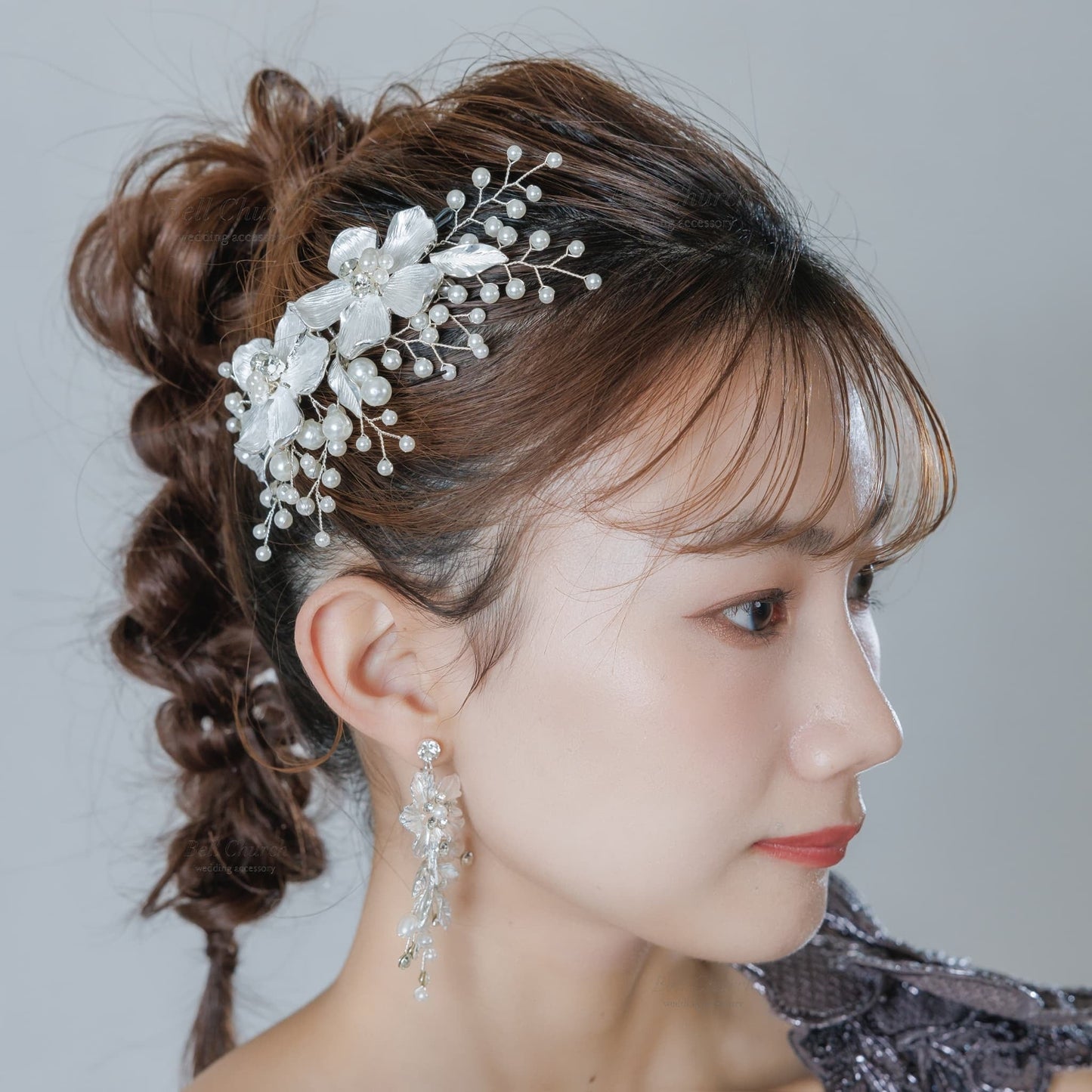 ウエディング ヘアコーム｜パール ビジュー｜お花 フラワーモチーフ｜葉っぱ リーフモチーフ｜シルバー(BC-H88)【結婚式　アクセサリー　ヘッドドレス　ヘアアクセサリー】