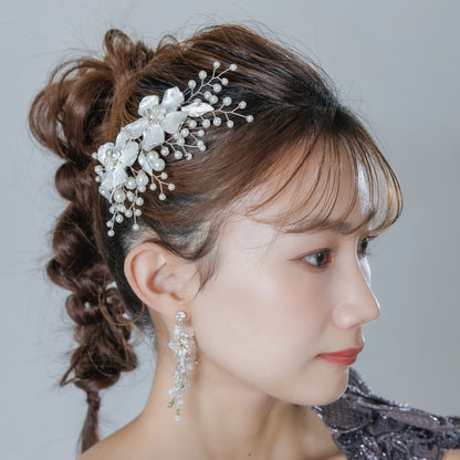 ウエディング ヘアコーム｜パール ビジュー｜お花 フラワーモチーフ｜葉っぱ リーフモチーフ｜シルバー(BC-H88)【結婚式　アクセサリー　ヘッドドレス　ヘアアクセサリー】