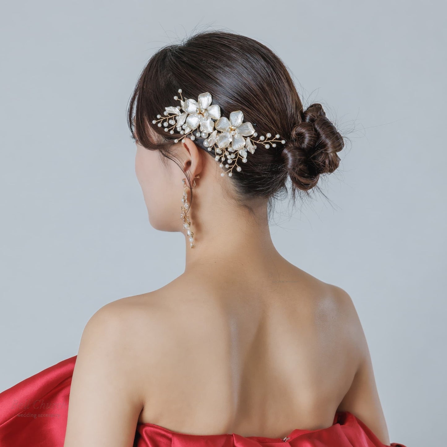 ウエディング ヘアコーム｜パール ビジュー｜お花 フラワーモチーフ｜葉っぱ リーフモチーフ｜ゴールド(BC-H89)【結婚式　アクセサリー　ヘッドドレス　ヘアアクセサリー】