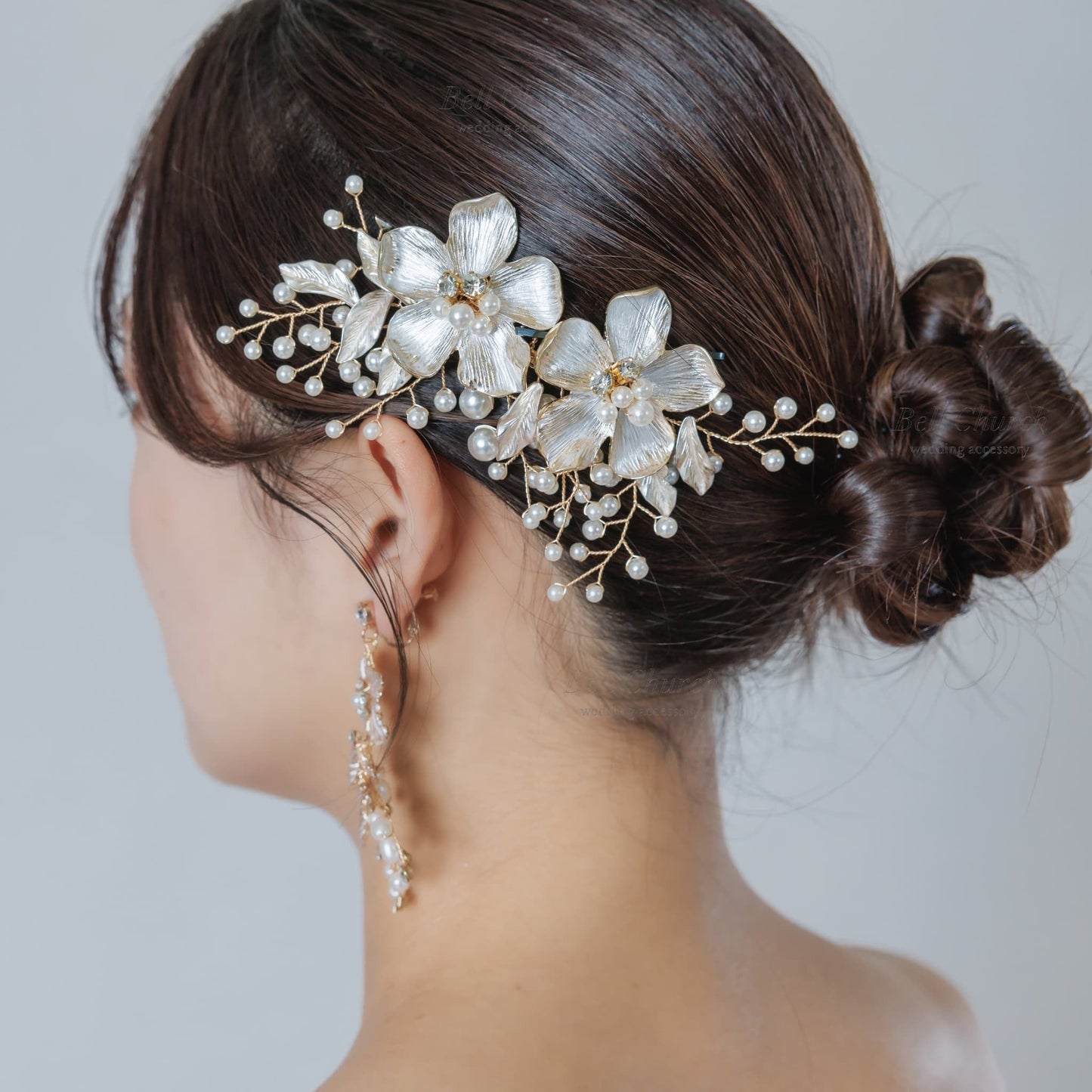 ウエディング ヘアコーム｜パール ビジュー｜お花 フラワーモチーフ｜葉っぱ リーフモチーフ｜ゴールド(BC-H89)【結婚式　アクセサリー　ヘッドドレス　ヘアアクセサリー】