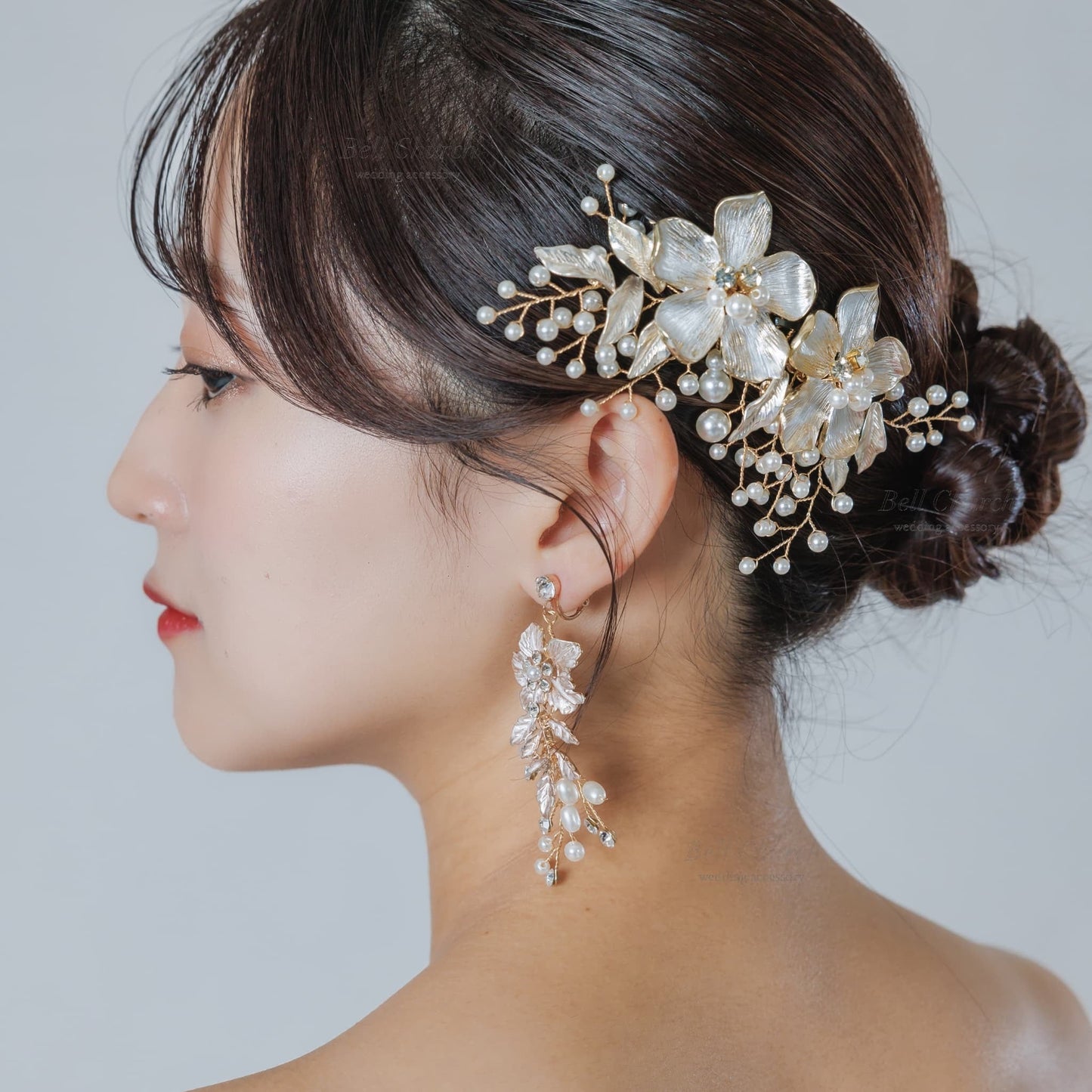 ウエディング ヘアコーム｜パール ビジュー｜お花 フラワーモチーフ｜葉っぱ リーフモチーフ｜ゴールド(BC-H89)【結婚式　アクセサリー　ヘッドドレス　ヘアアクセサリー】