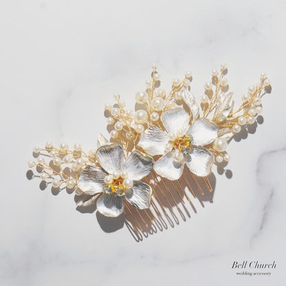 ウエディング ヘアコーム｜パール ビジュー｜お花 フラワーモチーフ｜葉っぱ リーフモチーフ｜ゴールド(BC-H89)【結婚式　アクセサリー　ヘッドドレス　ヘアアクセサリー】