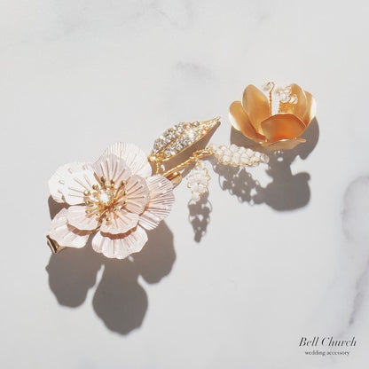 ヘアコーム ヘアクリップ ヘッドドレス 3点セット｜ビーズ ジルコニア ビジュー｜お花 フラワーモチーフ｜葉っぱ リーフモチーフ｜ゴールド(BC-H90)【結婚式　アクセサリー　ヘッドドレス　ヘアアクセサリー】