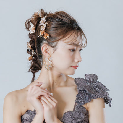 ヘアコーム ヘアクリップ ヘッドドレス 3点セット｜ビーズ ジルコニア ビジュー｜お花 フラワーモチーフ｜葉っぱ リーフモチーフ｜ゴールド(BC-H90)【結婚式　アクセサリー　ヘッドドレス　ヘアアクセサリー】