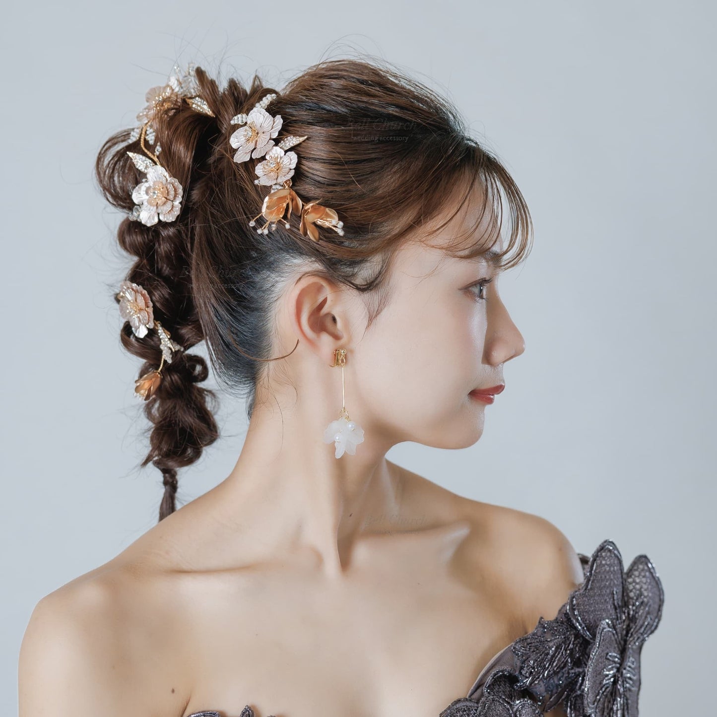 ヘアコーム ヘアクリップ ヘッドドレス 3点セット｜ビーズ ジルコニア ビジュー｜お花 フラワーモチーフ｜葉っぱ リーフモチーフ｜ゴールド(BC-H90)【結婚式　アクセサリー　ヘッドドレス　ヘアアクセサリー】