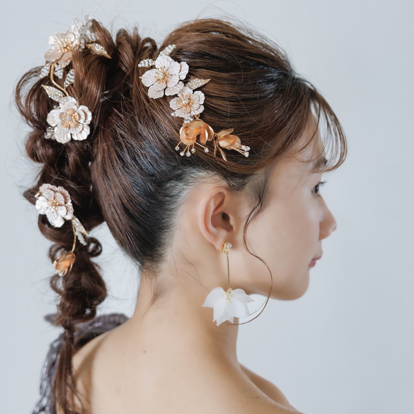 ヘアコーム ヘアクリップ ヘッドドレス 3点セット｜ビーズ ジルコニア ビジュー｜お花 フラワーモチーフ｜葉っぱ リーフモチーフ｜ゴールド(BC-H90)【結婚式　アクセサリー　ヘッドドレス　ヘアアクセサリー】