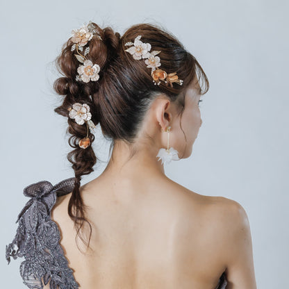 ヘアコーム ヘアクリップ ヘッドドレス 3点セット｜ビーズ ジルコニア ビジュー｜お花 フラワーモチーフ｜葉っぱ リーフモチーフ｜ゴールド(BC-H90)【結婚式　アクセサリー　ヘッドドレス　ヘアアクセサリー】