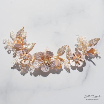 ヘッドドレス ヘッドピース 2点セット｜ビーズ ジルコニア ビジュー｜お花 フラワーモチーフ｜葉っぱ リーフモチーフ｜ゴールド(BC-H91)【結婚式　アクセサリー　ヘッドドレス　ヘアアクセサリー】