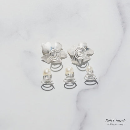 ヘアーチャーム メタル フラワー 花 パール 5個セット｜シルバー(BC-H93)【結婚式　アクセサリー　ヘアチャーム　ヘアアクセサリー】