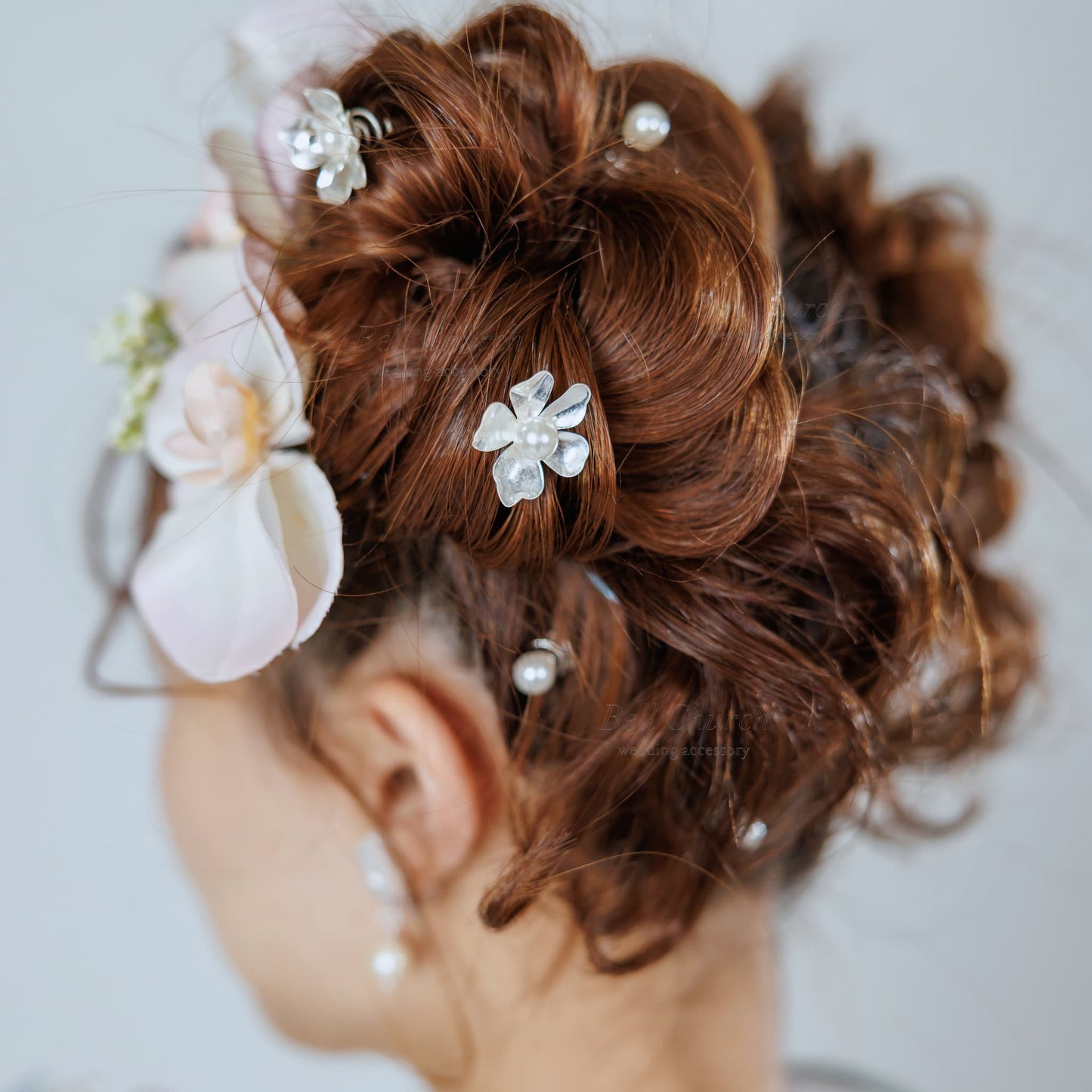 ヘアーチャーム メタル フラワー 花 パール 5個セット｜シルバー(BC-H93)【結婚式　アクセサリー　ヘアチャーム　ヘアアクセサリー】