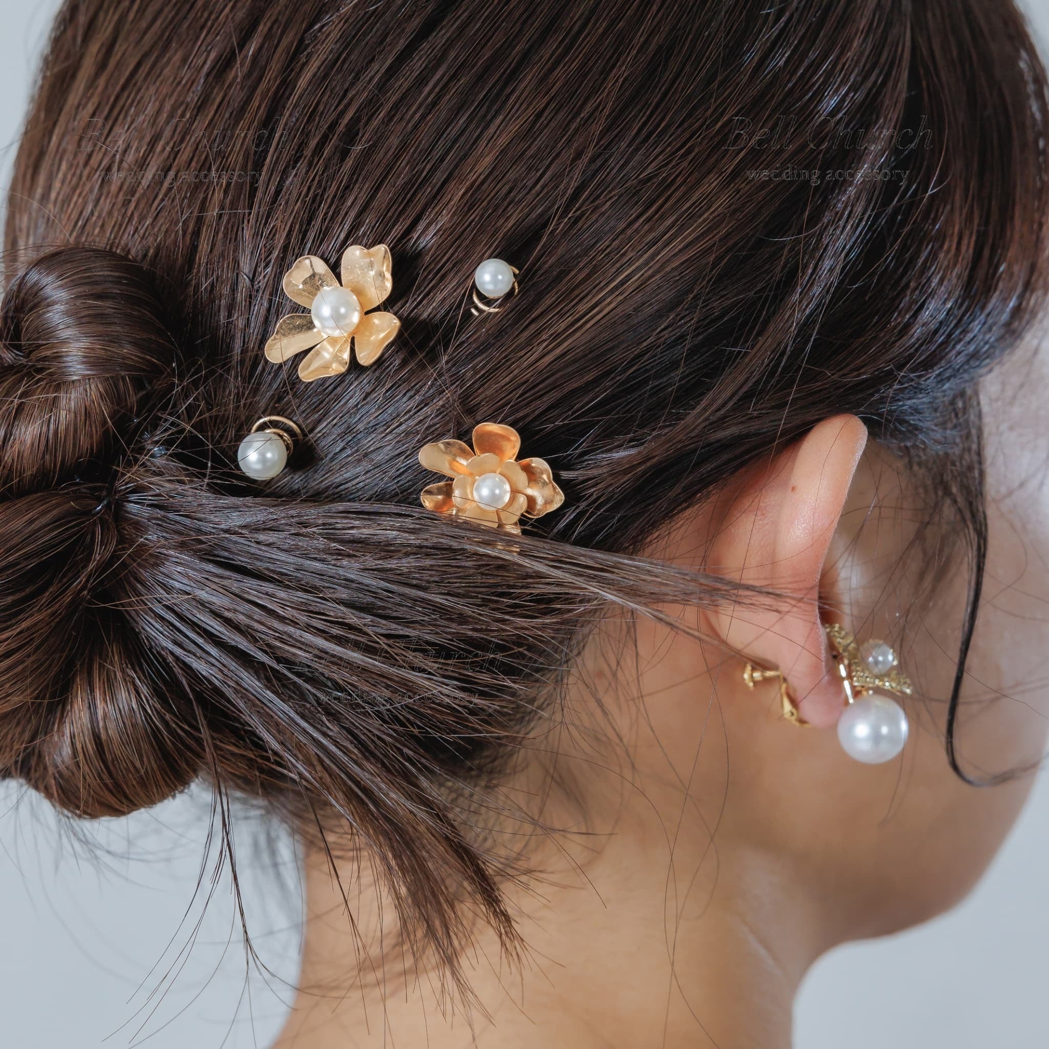 ヘアーチャーム メタル フラワー 花 パール 5個セット｜ゴールド(BC