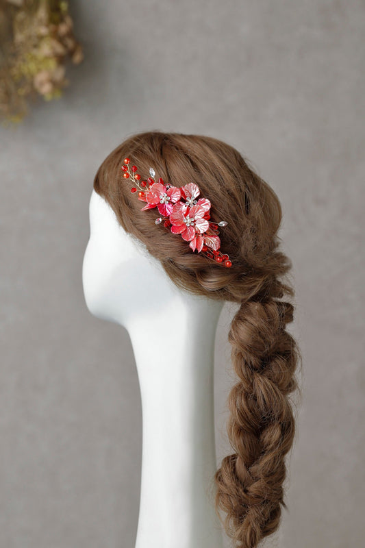 サザンカフラワー小枝ビジュー レッド ヘアアクセサリー 袴 振袖 成人式 ヘアドレス カチューシャ【結婚式 和装 アクセサリー】