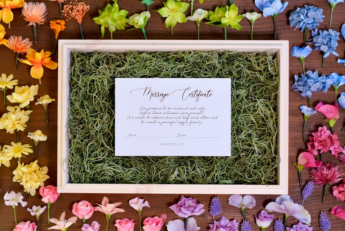 【comme si._ clé】 木箱 正方形 30名〜60名〈ゲスト参加型結婚証明書〉