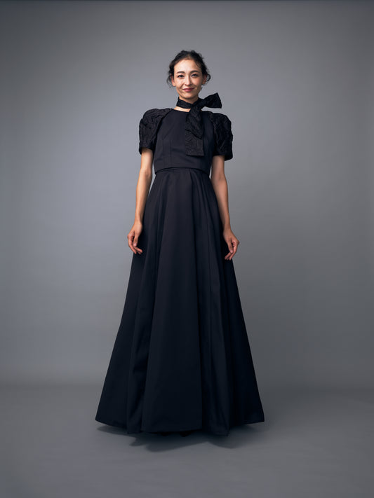 ジャガードスリーブブラックドレス【ウェディングドレス レンタル】