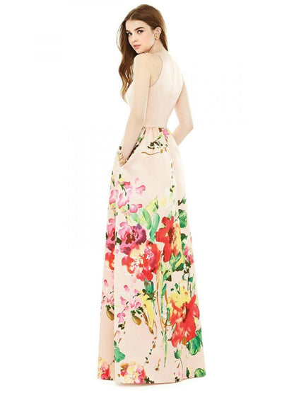 D707CP サテンツイルプリント ブライズメイド ロングドレス 2色 【結婚式 ブライズメイド アッシャー オーダーメイド】