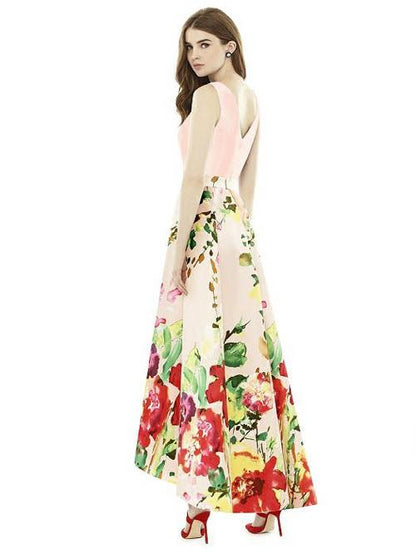 D723CP サテンツイル ブライズメイド 花柄プリント ロングドレス 2色 【結婚式 ブライズメイド アッシャー オーダーメイド】