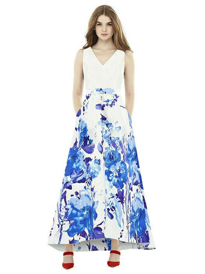 D723CP サテンツイル ブライズメイド 花柄プリント ロングドレス 2色 【結婚式 ブライズメイド アッシャー オーダーメイド】