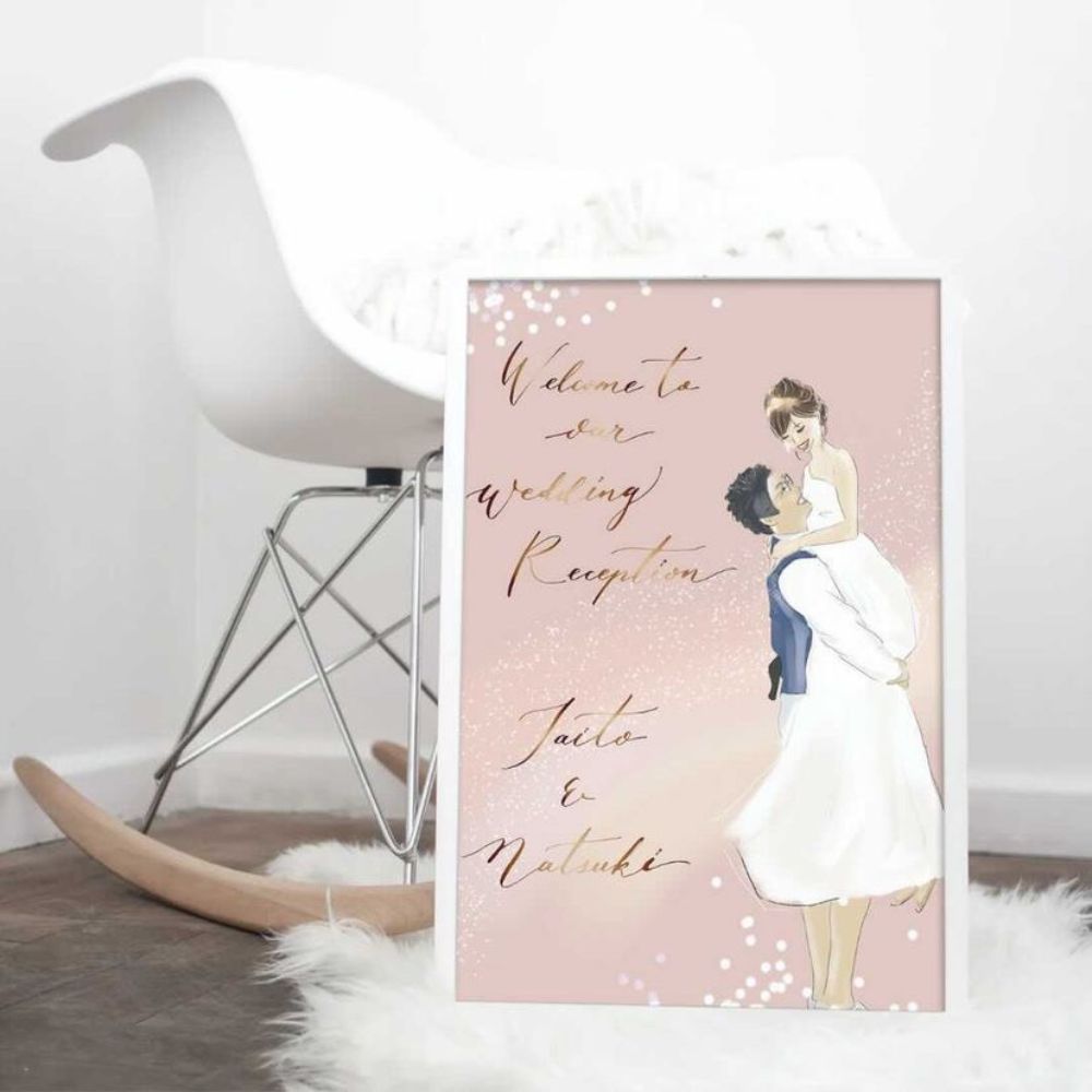 幸せな2人のイラストウェルカムボード 【結婚式 ウェルカムボード オーダーメイド】