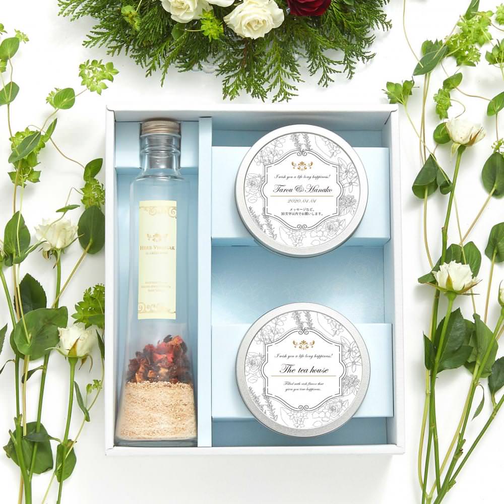 ハーブギフト 手作りハーブビネガーキット ストロベリー&ローズヒップ+ハーブティー2缶×2 【結婚式 ギフト 食品 引き菓子】