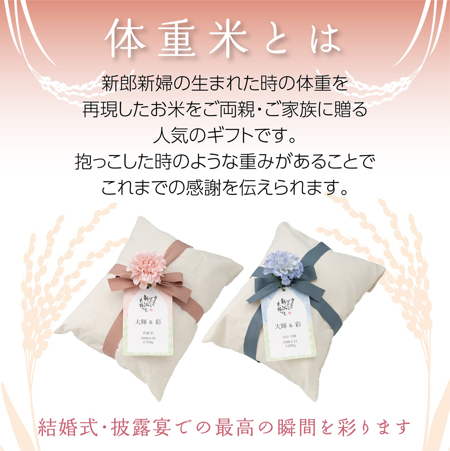 【新米夫婦の体重米】新郎新婦のお名前入りの札をつけた華やかな袋入り体重米【文字タイプ2個セット】