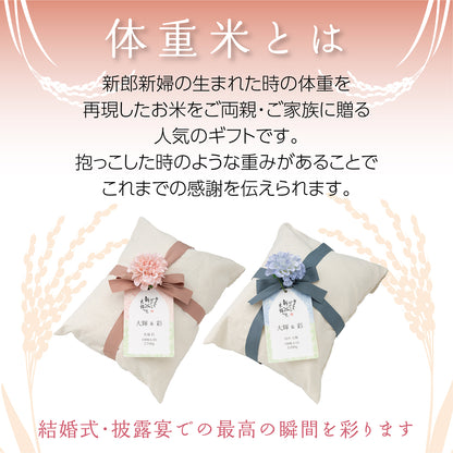 【新米夫婦の体重米】新郎新婦のお名前入りの札をつけた華やかな袋入り体重米【文字タイプ2個セット】