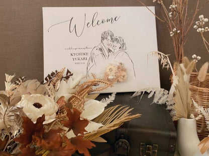 welcomeボード(似顔絵×ドライフラワー) 【41cm×31.8cm/オリジナル】 【結婚式 ウェルカムボード】