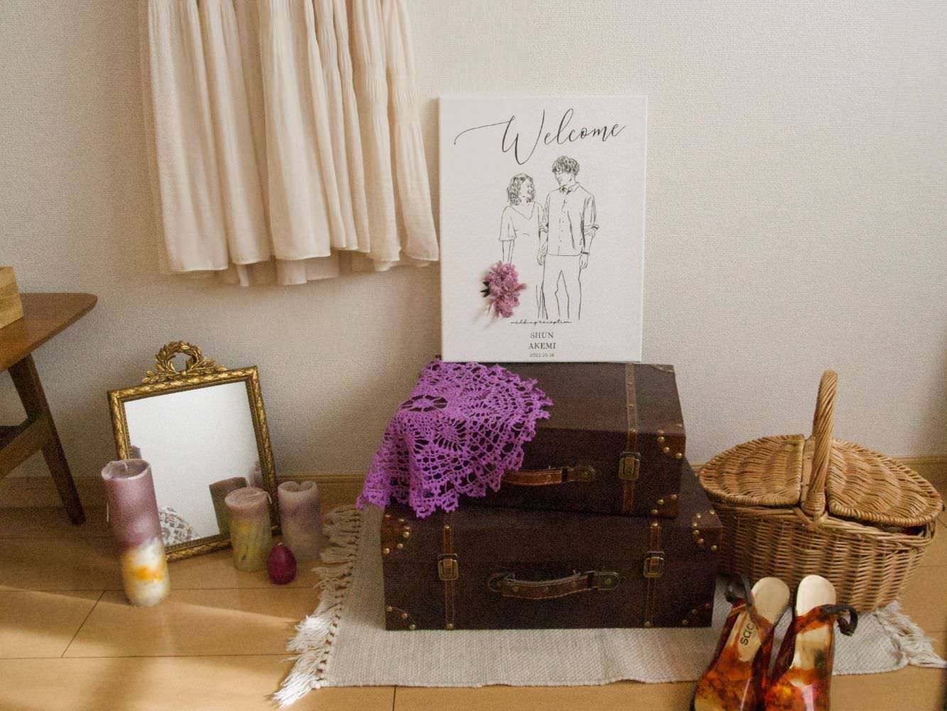 welcomeボード(似顔絵×ドライフラワー) 【41cm×31.8cm/オリジナル】 【結婚式 ウェルカムボード】