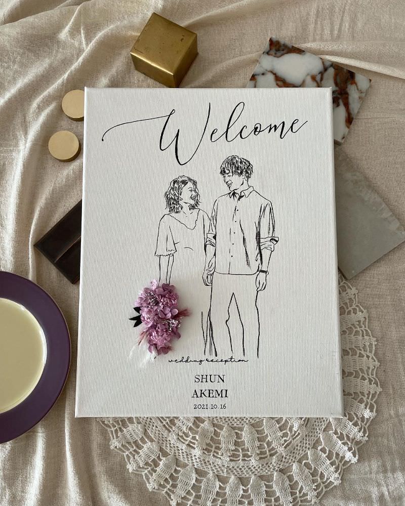 welcomeボード(似顔絵×ドライフラワー) 【41cm×31.8cm/オリジナル】 【結婚式 ウェルカムボード】