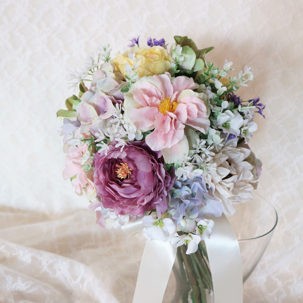 造花】パステルミックスのクラッチブーケ&ブートニアSet 【結婚式