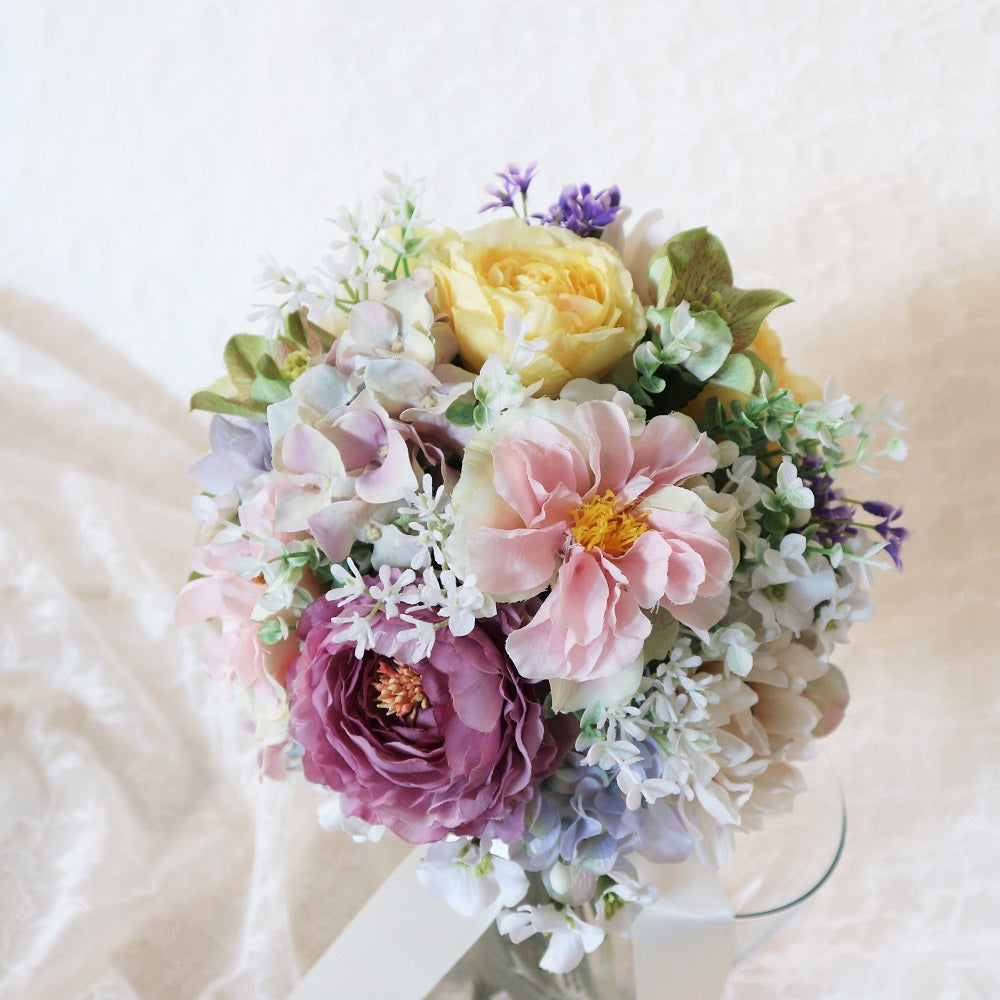 造花】パステルミックスのクラッチブーケ&ブートニアSet 【結婚式