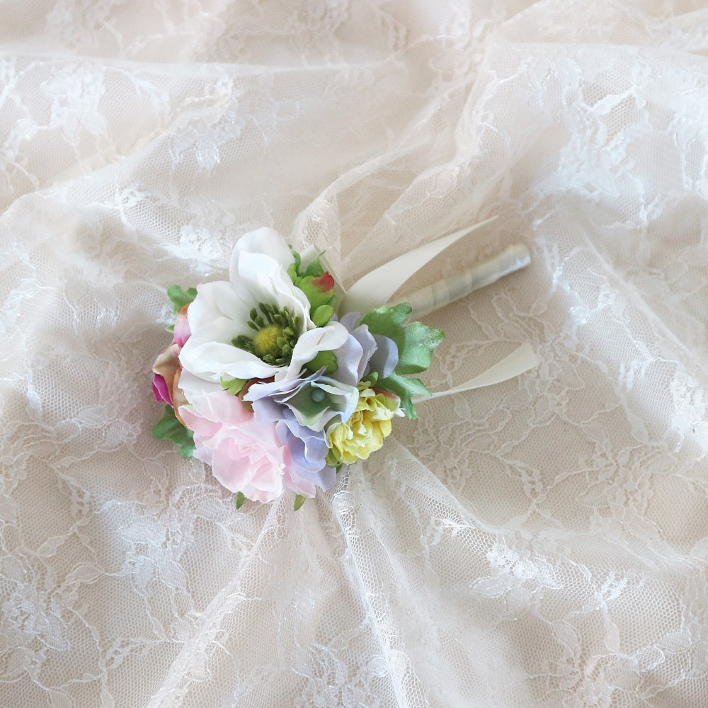 造花】パステルミックスのクラッチブーケ&ブートニアSet 【結婚式