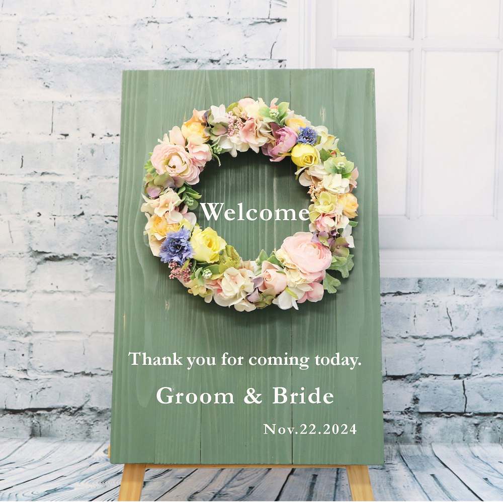フラワーリースのウェルカムボード 【ラナンキュラス】〜グリーン〜 【結婚式 ウェルカムボード】