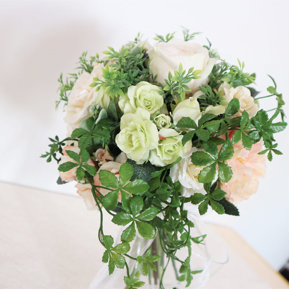 【造花】ローズとシュガーバインのブーケ&ブートニアset 【結婚式 フラワー 造花 ブーケ ブートニア】