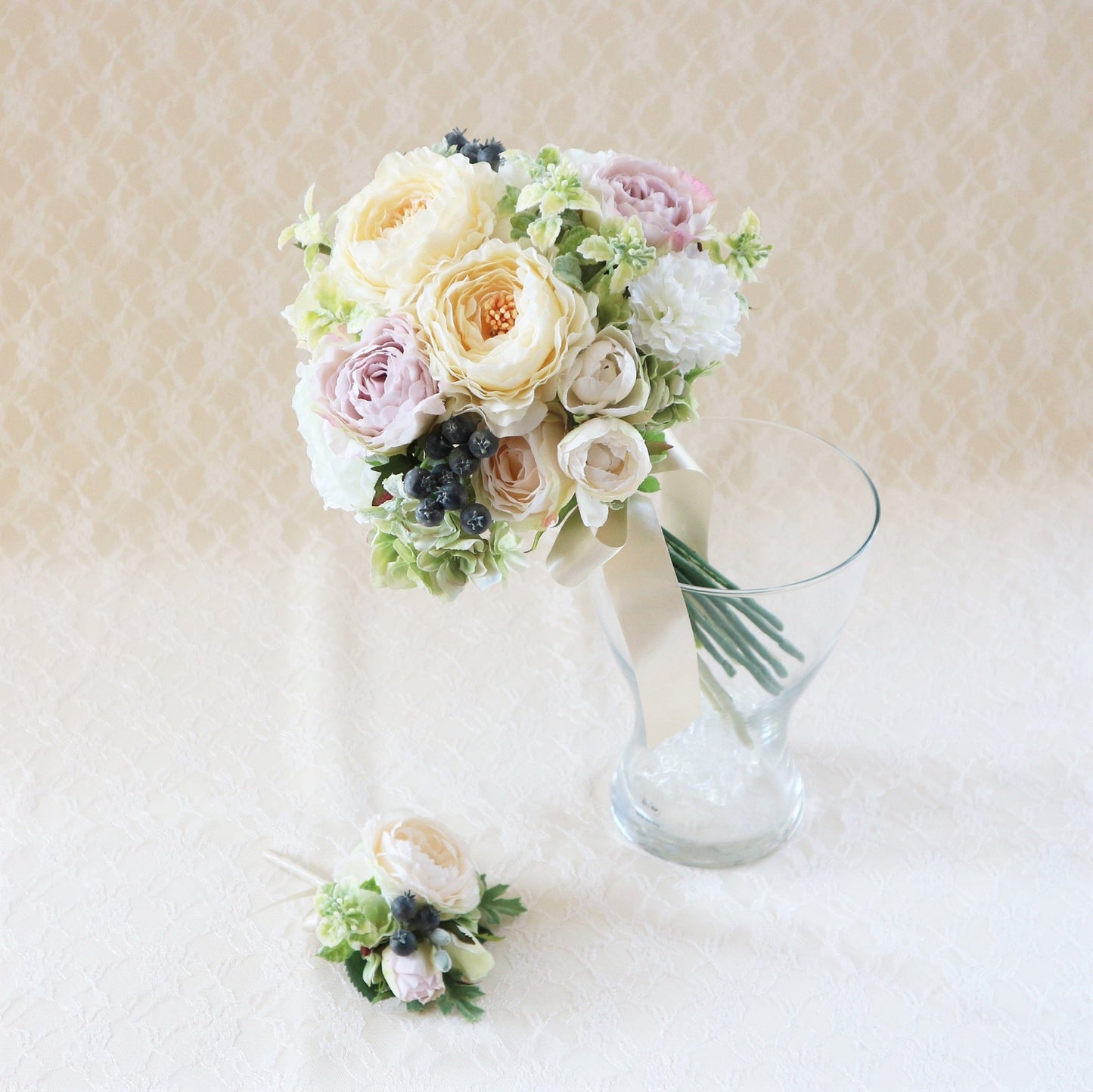 【造花】ラナンキュラスとローズのブーケ&ブートニアset 【結婚式 フラワー 造花 ブーケ ブートニア】