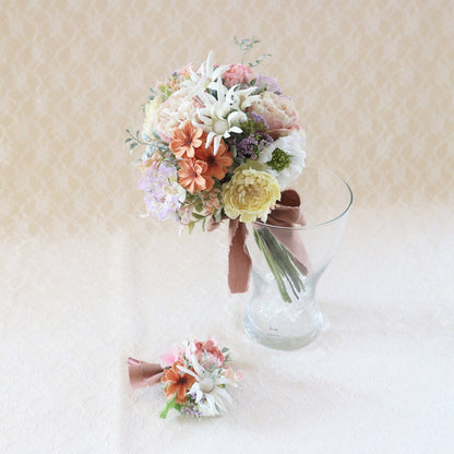 【造花】アンティークパステルミックスのブーケ&ブートニアset 【結婚式 フラワー 造花 ブーケ ブートニア】
