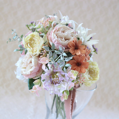 【造花】アンティークパステルミックスのブーケ&ブートニアset 【結婚式 フラワー 造花 ブーケ ブートニア】