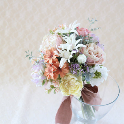 【造花】アンティークパステルミックスのブーケ&ブートニアset 【結婚式 フラワー 造花 ブーケ ブートニア】
