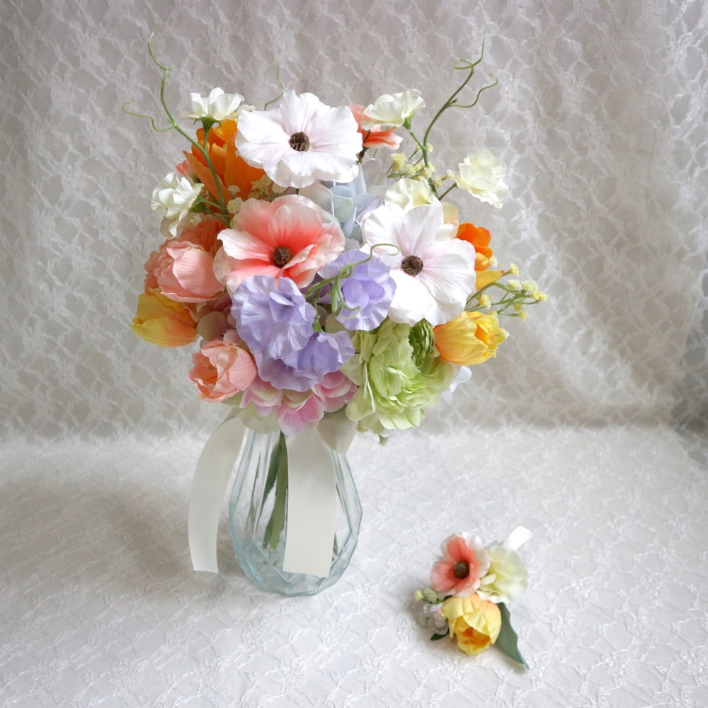 チューリップとラナンキュラスのブーケ&ブートニアset【結婚式 フラワー 造花 ブーケ ブートニア】